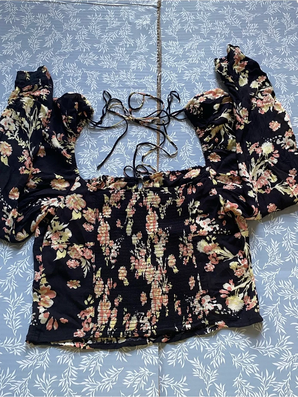 Free People Black Floral Puff-Sleeve Corset Top